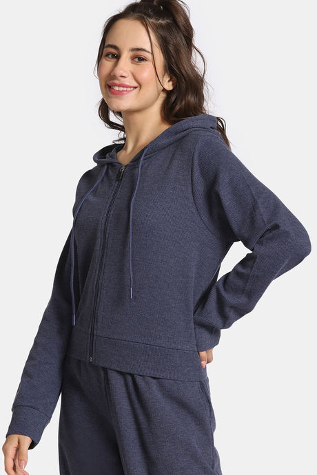 Rosaline Waffle Knit Cotton Crop Length Hoodie - Medieval Blue — image 2
